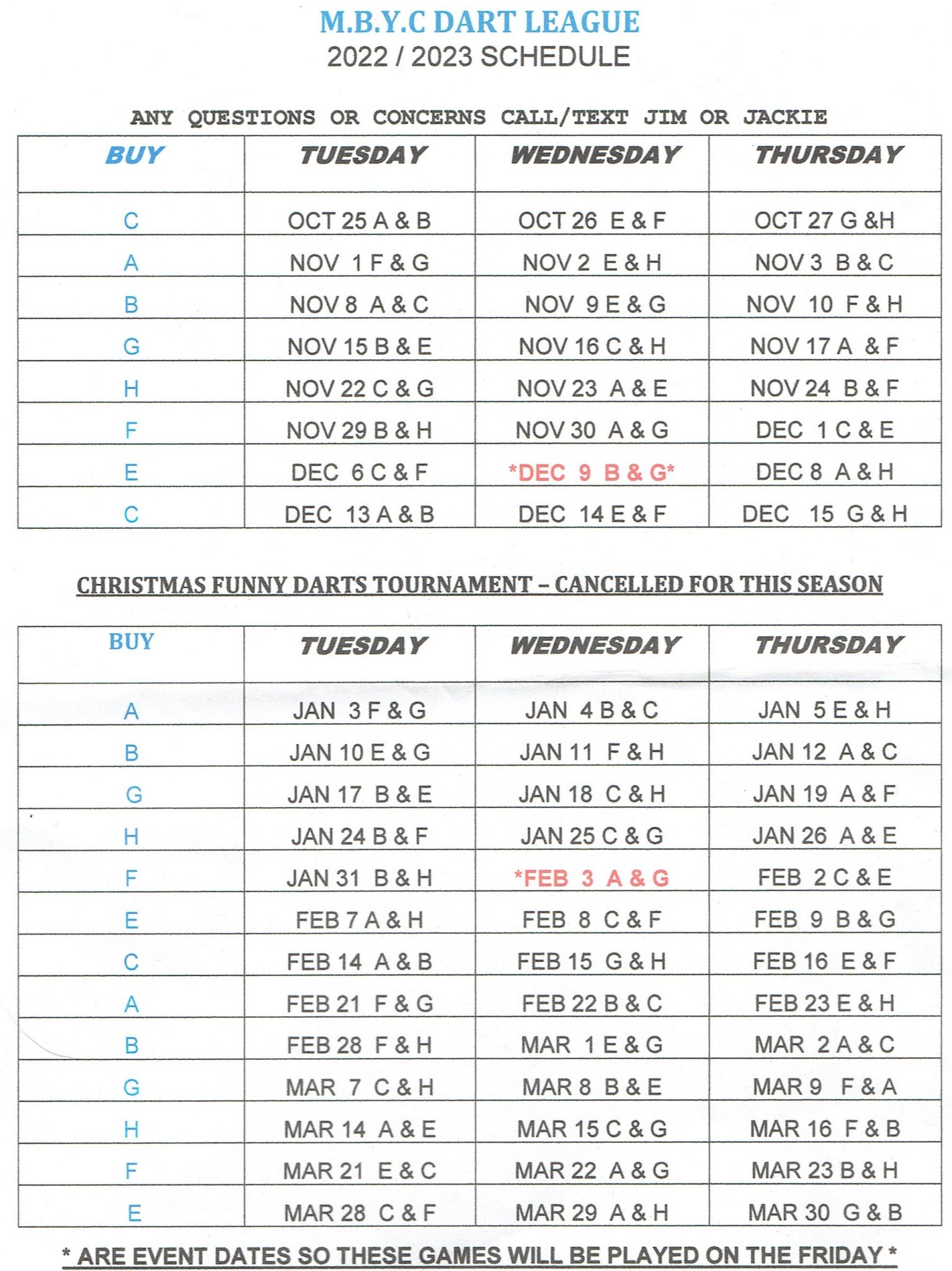 Dart League Schedule - Macassa Bay Yacht Club
